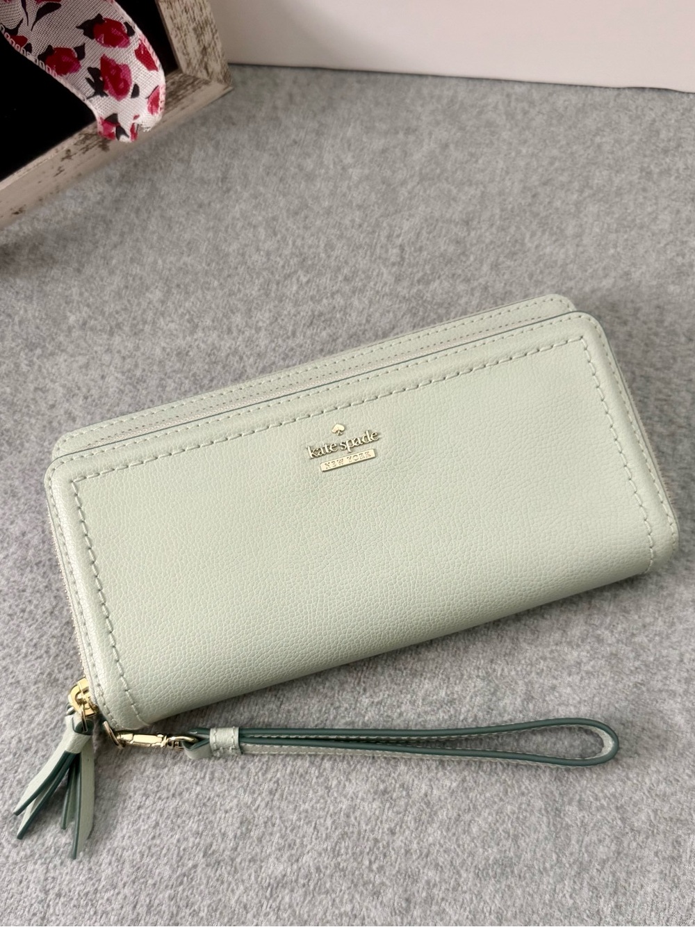 kate spade pastel mint zip wristlet wallet with tassel
